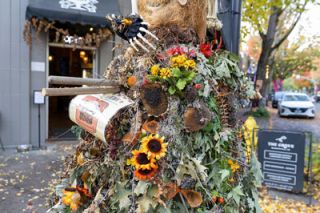 Rachel Thompson/News-Register##The McMinnville Garden Club&rsquo;s entry in the Scarecrows on a Lamp Post contest makes use of flowers and other natural items. The witchy display at Third and Cowls streets and other scarecrows will be on display through October. Community members can vote for their favorite at downtownmcminnville.com/halloween.