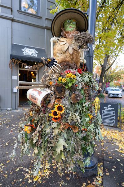 Rachel Thompson/News-Register##The McMinnville Garden Club’s entry in the Scarecrows on a Lamp Post contest makes use of flowers and other natural items. The witchy display at Third and Cowls streets and other scarecrows will be on display through October. Community members can vote for their favorite at downtownmcminnville.com/halloween.