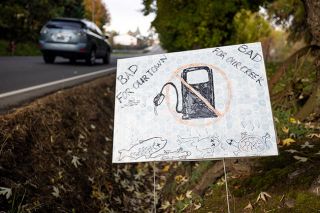 Rachel Thompson/News-Register##A roadside sign in opposition to a proposal to build a gas station and convenience store on East Main Road in Carlton reflects the feelings of hundreds of Carlton residents and frequent visitors who testified against the application. Planning commissioners noted they had never seen so much engagement on a city issue.