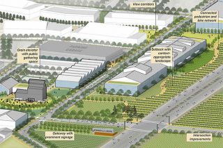 ##Consultant Saumya Kini presented a series of conceptual illustrations showing how McMinnville Landing could be built out. “(The illustrations are) our best shot at showing the aspirations from the (project advisory committee) and community about what development should achieve to be consistent with community values,” she said. Here, The view from the north highlights a large landscape buffer from the highway and the multi-use path that will continue around the parcel. The landscape could potentially include grapevines similar to the nearby Evergreen campus to create a “cohesive experience of entering the city along that corridor,” Kini said.