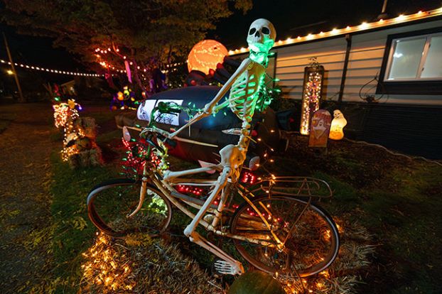 Rachel Thompson/News-Register##A lighted skeleton and other Halloween decorations guard the house at 14th and Ford streets in a holiday display, one of several owner Michelle Edwards creates each year. Edwards has been festooning her place elaborately for Easter, Christmas and other holidays, in addition to Halloween, since she bought the home about 13 years ago.