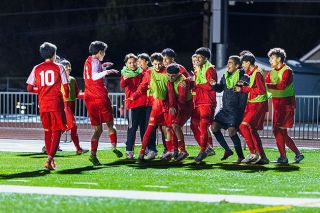 Rachel Thompson/News-Register##The Grizzlies celebrate as a team after Edwin “Isai” Cuevas-George nets his third goal of the game against Sunset at Wortman Stadium on Saturday, Nov. 1.