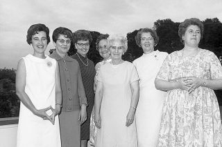 News-Register file photo##Frances Barnes, third from the left, in 1969 following a McMinnville Soroptimist Club banquet at Michelbook Country Club. Pictured are, left to right, Rose Marie Caughran, Matdean Kennedy, Barnes, Mary Koch, Gladys Bennett, Helen Green and Joanne Watts.