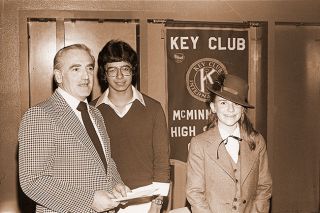 ##(Nov. 14, 1980) Key speakers at the annual induction banquet of the McMinnville High School Key Club, a coed service club sponsored by the Walnut City Kiwanis Club, were (left to right) Paul Rauen, chairman of the McMinnville School District Board of Directors; Joe Arndt, Key Club president; and Liz de Forest, who was mistress of ceremonies. More than 100 people attended the Thursday night banquet at the high school to see 35 new members inducted.