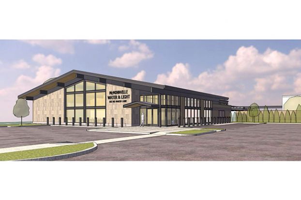 MWA Architects##A digital rendering shows the eastern addition to MW&L’s headquarters. Large windows showcase new commission chambers, and a new public entrance will lead into the updated lobby and customer service area.