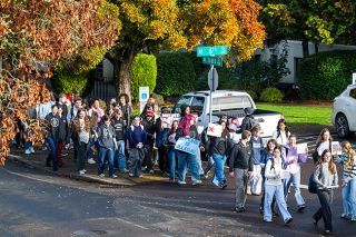 Rusty Rae/News-Register## Hundreds of Mac High students marched to downtown Monday morning and rallied near the library in protest of local immigration detainments, including the Friday arrest of a Mac High senior.