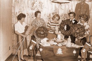 ##(Nov. 24, 1965) A Bazaar it will be, Thursday, Dec. 2 at the McMinnville First Methodist Church. At Monday’s workshop in the home of Mrs. J.E. Howard are (left to right) Alice Davis, Juunita Howard, Trudy Hurl, Maude Youngman and Selma Russell. All are members of the church’s women’s society.