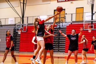 Nathan Ecker/News-Register file photo##Mac junior guard Taylor Terry drives to the hoop for a lay in during a preseason practice session in the Mac High School gymnasium. Terry is part of a new look back court that is making adjustments in the first week of play.