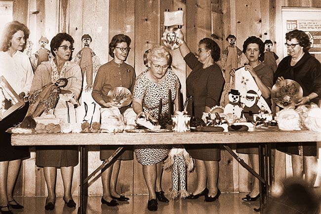 ##(Dec. 8, 1965) Monday found the Bazaar Committee of McMinnville First Christian Church busy preparing for Friday&rsquo;s event, which will be an all day affair in the basement of the church. In addition to numerous Christmas items for sale, there will be morning and afternoon coffee breaks and luncheon will be served. Committee members pictured here are (left to right); Maxine Rice, Lucille McGhehey, Coral Dancer, Thelma Beeler, Alta Fisher, Donna Axtell and Maxine Shields.