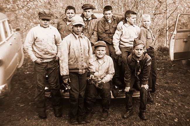 ##(Dec. 7, 1955) This group of Carlton Boy Scouts learned what conservation really means when they took part in a tree reforestation program Saturday in the Tillamook Burn. The Scouts taking part in the all-day work session were Robert Laughlin, Jack Williams, Carroll Ritter, Larry Strahle, Robert Tschan, Larry Wasson, George Aheart, Wayne Wiebke, and Larry Wiebke.