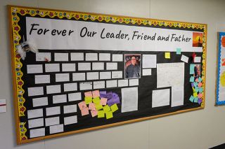 Emily Bonsant/News-Register##At Willamina Middle School, a bulletin board honors Mike Hughes, vice principal and special education director, who died suddenly last week. Students and staff members wrote letters sharing how Hughes touched their lives. Hughes&rsquo; wife, Heather, who also works for the school district, and their three daughters, Hannah, Hallie and Hadley, viewed the board earlier this week.