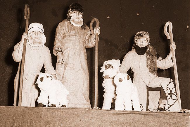 ##(Dec. 13, 1960) Three Shepherds in the Columbus Grade School Christmas play, scheduled for presentation in the school gymnasium at 7:30 p.m., Wednesday, are (left to right) Russell Peterson, Phillip Schroeder and Jerry Barber.