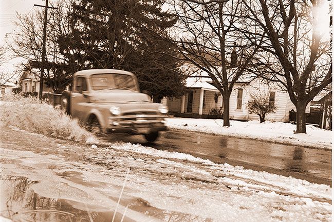 ##(Dec. 19, 1955) Yamhill County&rsquo;s ice and snow turned to slush today in wake of warmer rains, posing hazards for sidewalk pedestrians rather than for motorists. County marked a number of motor accidents during Sunday&rsquo;s snow and freeze. Forecast was for continued rain over the area.
