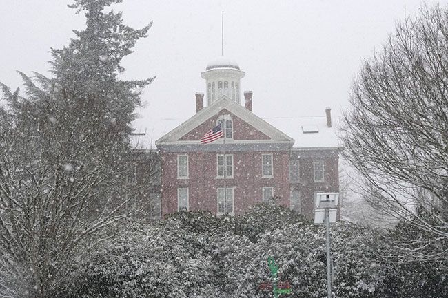Ben Botkin/Oregon Capital Chronicle##Willamette University, across from the Oregon Capitol, on Thursday, Feb. 13, 2025, in snowy weather.