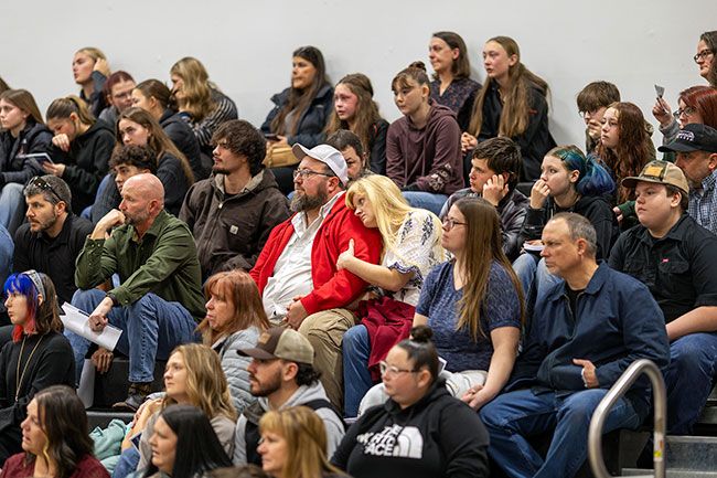 Rachel Thompson/News-Register##Community members fill the bleachers during a celebration of life for Willamina Middle School vice principal and special education director Mike Hughes on Friday, Dec. 19, in the Willamina High School gym. Hughes, 48, died unexpectedly earlier in the month. He left a lasting impact on students, staff and families across the district.
