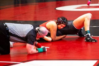 Rusty Rae/News-Register## Dayton&rsquo;s Aliyah Sauceda pins opponent to the mat during her 3-0 run to a first place crown in the 170-pound bracket during the Mac Your Space Storage Invite.