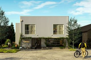 Submitted image##A digital rendering shows the front of the Piquette hotel, which will feature agricultural-inspired siding and modern design elements. The large pot at the front left is an amphora, one of 15 that will decorate the site. The terra cotta vessels are used by some winemakers to hold wine as it ages.