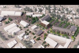 Guardian Real Estate Services##A digital rendering shows the layout of development team Guardian&rsquo;s $74 million proposal for city-owned property along Alpine Avenue. The plan includes two apartment buildings totaling 117 affordable housing units and 3,000 square feet of commercial space. Plans call for an alley connecting Eighth Street and 10th Avenue, with a gateway arch made with repurposed steel from the former industrial site.