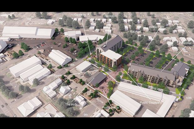 Guardian Real Estate Services##A digital rendering shows the layout of development team Guardian&rsquo;s $74 million proposal for city-owned property along Alpine Avenue. The plan includes two apartment buildings totaling 117 affordable housing units and 3,000 square feet of commercial space. Plans call for an alley connecting Eighth Street and 10th Avenue, with a gateway arch made with repurposed steel from the former industrial site.