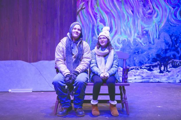 Rachel Thompson/News-Register##Outside in wintry Almost, Maine, Carter Whitfield and Maggie Elliott play shy young lovers in the new comedy of the same name at Gallery Theater.