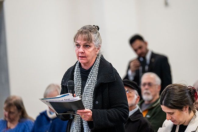 Rusty Rae/News-Register##At the Merkley town hall, Sheila Mariagh asks the senator, pictured below, what he thinks of current Democrat leadership. He noted that new leaders will be chosen in January 2027.