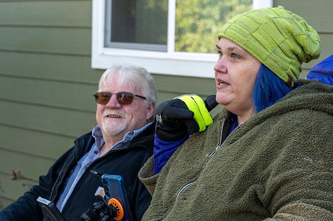 Branden Andersen/Newsberg##Before departing, Rosacker, left, and Phares-Cunningham talk about the 2 1/2-mile route to the Newberg Public Safety Building.