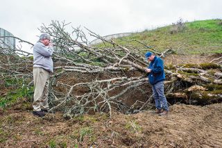 Emily Bonsant/News-Register##Sheridan City Manager Preston Polasek, left, and Owings assess the hillside trench opened up by the landslide near 
the city&rsquo;s reservoirs.