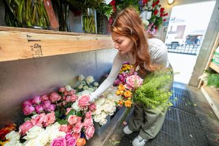 Rachel Thompson/News-Register##In the cooler at Poseyland Florist, employee Allie Hargis selects roses to add to a bouquet for a customer&rsquo;s Valentine&rsquo;s Day order.