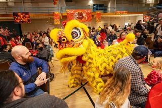 Rachel Thompson/News-Register##A lion from the Portland Lee&rsquo;s Association Dragon & Lion Dance Team weaves through the crowd as the lion dance opens Sunday&rsquo;s fourth annual Lunar New Year celebration, hosted by the Asian Heritage Association, at the McMinnville Community Center.