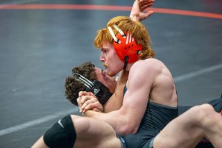 Rusty Rae/News-Register file photo##Adonijah Stanton pins Scio&rsquo;s Wesley Frame in the 138-pound bracket during the Bob Bishop Classic at Willamina High School on Jan. 10. Stanton placed first at the Special District 1 tournament on Saturday to qualify for state, defeating one of many Banks wrestlers who controlled first as a team.