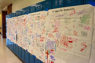 Ossie Bladine/News-Register##Patton Middle School students on Monday filled posters with messages to and memories of eighth-grader Zakai Motley, who died suddenly from an unknown medical issue Friday. Principal Allison Eitzen said the posters would be delivered to Motley&rsquo;s family.