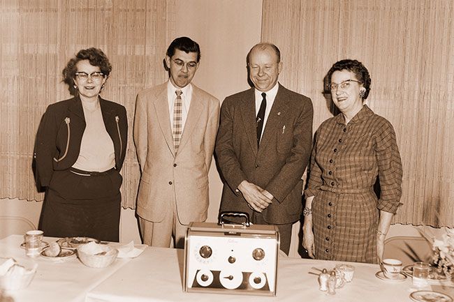 ##(Feb. 29, 1956) Another civic service of the type that has highlighted the few years since the Soroptimist Club of McMinnville was organized late in 1951 marked the club&rsquo;s meeting Tuesday for history. Presented to the Yamhill County Health Department for use in schools and well-child clinics was an audiometer, an instrument for testing hearing. Dr. Ethel G. Reuter, county health director, left, is shown receiving the gift. Others are Alfred Leinbach, Newberg schools; James B. Conaway, McMinnville High principal, and Mrs. Mina McKimens, Soroptimist president.
