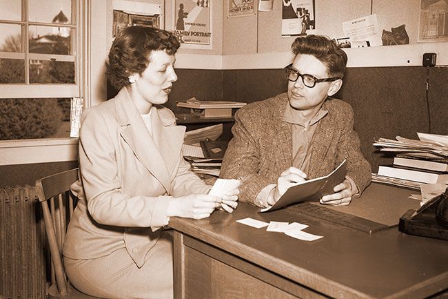 ##(March 13, 1956) Tickets for Linfield College production of “The Importance of Being Earnest” are obtained by Mrs. Robert Blaha from Lester Schilling, director of the play. Mrs. Blaha is chairman of ticket sales for the AAUW. ##(March 13, 1956) Tickets for Linfield College production of “The Importance of Being Earnest” are obtained by Mrs. Robert Blaha from Lester Schilling, director of the play. Mrs. Blaha is chairman of ticket sales for the AAUW.