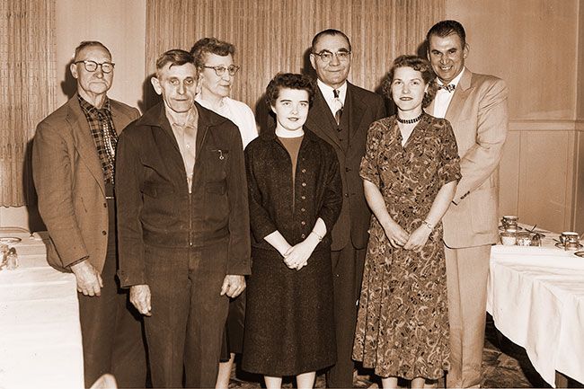 ##(March 12, 1956) When your Daily News-Register arrives it is a pretty sure thing that at least one of these persons has handled it or had something to do with getting it from the press to your door or box. Members of the circulation staff, they are, front row, from left, Eldon Hartiey, motor route 20; Colleen Sarvey, secretary, and Florence Martin, mailing clerk; back row, Lynn Cook, motor route 19; Grace Warren, mailing clerk; H. N. Keckley, circulation manager, and John Freeborn, motor route 21. They were pictured at annual dinner last week. ##(March 12, 1956) When your Daily News-Register arrives it is a pretty sure thing that at least one of these persons has handled it or had something to do with getting it from the press to your door or box. Members of the circulation staff, they are, front row, from left, Eldon Hartiey, motor route 20; Colleen Sarvey, secretary, and Florence Martin, mailing clerk; back row, Lynn Cook, motor route 19; Grace Warren, mailing clerk; H. N. Keckley, circulation manager, and John Freeborn, motor route 21. They were pictured at annual dinner last week.