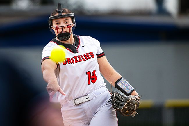 Rusty Rae/News-Register file photo##Grizzly junior Ariel Glynn hurls a pitch to the plate in Mac&rsquo;s 20-1 home win over 5A Lebanon on Wednesday, March 18. Glynn continued her quality work with a shutout over Roseburg on Saturday, March 21.