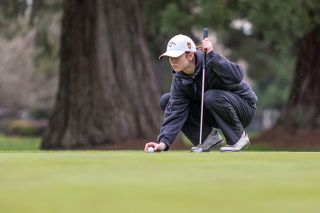 Nathan Ecker/News-Register##Mabel Findley lines up a put on the first green at Michelbook. Findley had the second best day of any golfer, shooting an 82 (+10) to lead the Grizzlies.