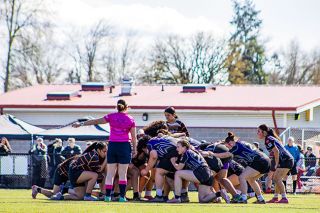 Photo courtesy of Moth Martinez-Faccio##Panthers load up for a scrum against the Beaverton Barbarians during a 15s match at Western Oregon University on Saturday, March 17. The game was played between college matches, where former Panthers, now playing for WOU, competed for national qualifiers.