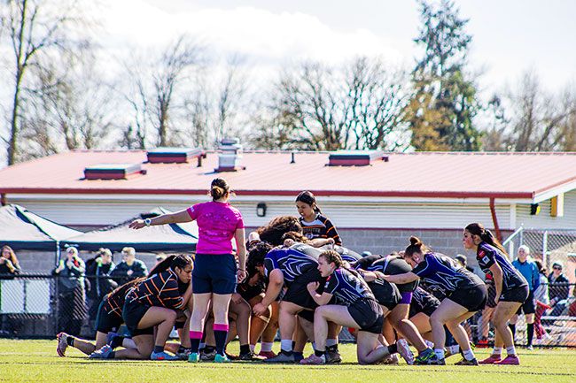Photo courtesy of Moth Martinez-Faccio##Panthers load up for a scrum against the Beaverton Barbarians during a 15s match at Western Oregon University on Saturday, March 17. The game was played between college matches, where former Panthers, now playing for WOU, competed for national qualifiers.