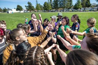 Rachel Thompson/News-Register##&ldquo;Snapping Panthers ... Valley Turtles!&rdquo; was cheered on Saturday, April 4 at Duniway Middle School field, as the Valley Panthers and Salem Snapping Turtles played a motley scrimmage. Since the Canby High School Rugby Club was unable to field enough players, the Valley Panthers scrimmaged themselves with players switching back and forth between the purple Panther kit and the green kit of the Salem Snapping Turtles. The clubs have merged for the 15s spring rugby season.