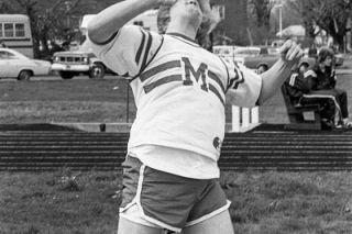 News-Register File Photo##Byron Toliver powers through a shot put toss during his senior year at McMinnville High School. Toliver learned from Larry Nesland and used pure strength built up from working in fields to beat his competition. This original photo was published on April 21, 1976 in the News-Register after Toliver broke the first school record at 55-7 1/2.