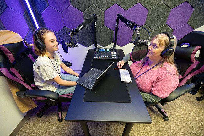 Rachel Thompson/News-Register##Claire Chitty, an eighth-grader at Duniway Middle School, interviews News-Register reporter Starla Pointer for the DMS podcast. Students in the school&rsquo;s leadership class interview teachers and community members for the podcasts on the Duniway website.