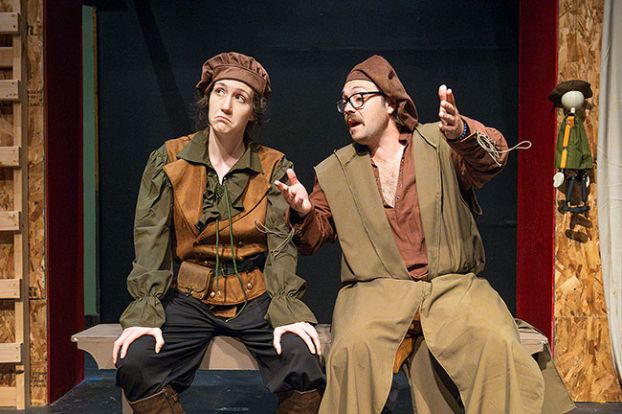 Rachel Thompson/News-Register##Guildenstern (Delaney Sump), left, and Rosencrantz (Reese Madden) discuss their bizarre situation as peripheral characters in Shakespeare&rsquo;s tragedy &ldquo;Hamlet&rdquo; during another play that makes them the center of the comedy, &ldquo;Rosencrantz and Guildenstern Are Dead.&rdquo; The Tom Stoppard play opens Friday at Gallery Theater in McMinnville, running through May 3.