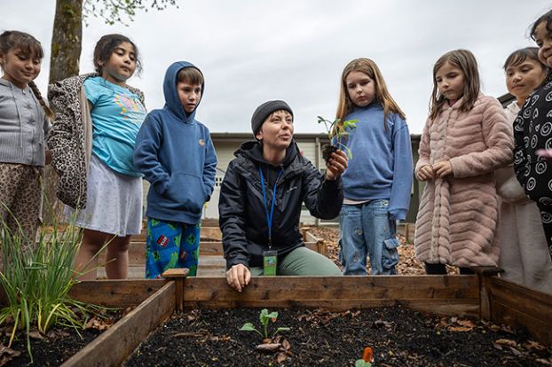 Rachel Thompson/News-Register##Visiting educator Aubryn Walters, center, shows second-graders how to separate three seedlings growing in the same pot so that each can be planted separately. Walters lives in Washington, D.C., but was visiting Newby, her former elementary school.