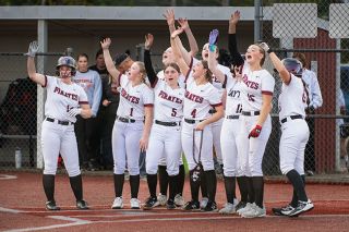 Rusty Rae/News-Register##Dayton&rsquo;s Pirates wave goodbye to a moon shot off the bat of Charly Upmeyer to walk-off their 11-0 win over Willamina/Sheridan on April 20.