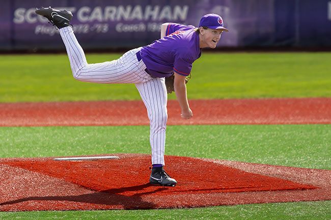 Nathan Ecker/News-Register file photo##Wildcat&rsquo;s sophomore Colton Ouellette follows through on a pitch during Linfield&rsquo;s matchup with Denison University on March 21 at Roy Helser Field. Ouellette was awarded the NWC Pitcher of the Week on April 20 for his seven shutout innings versus Whitman on April 18.