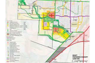 City of McMinnville##A map shows the concept design for a square-mile of Urban Growth Boundary land in the southwest that could be developed in the coming years. The plan features areas for housing, commercial and a future school site along with planned layouts for roads, parks and trails.