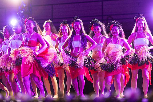 Rachel Thompson/News-Register##Linfield student dancers fill the floor during the Ho&rsquo;ike as they begin a Tahitian group piece.