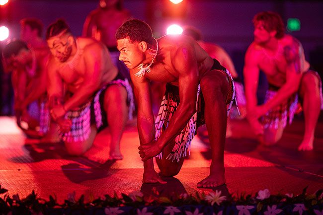 Rachel Thompson/News-Register##Kenyon Johnson joins a group performance of &ldquo;Te Iwi E&rdquo; during Linfield University&rsquo;s 53rd annual Lu&rsquo;au and Ho&rsquo;ike on Saturday, April 18, at Ted Wilson Gymnasium, a student-led event celebrating Pacific Island cultures through food, music and dance. The traditional Maori song acts as a call to gather, honor ancestors and stand together in unity.