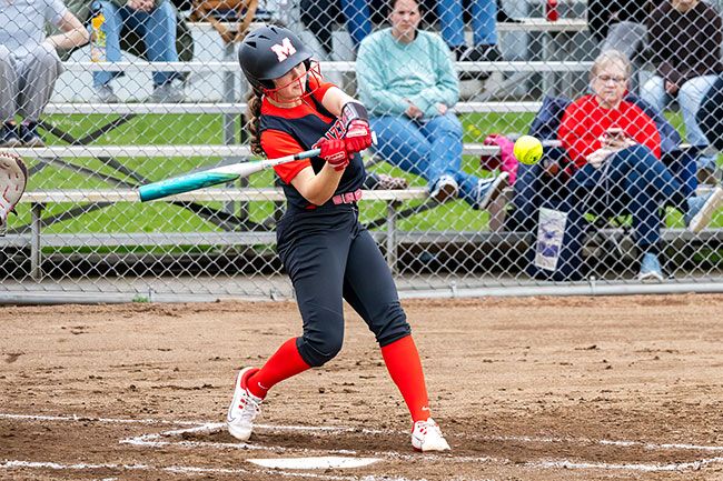 Nathan Ecker/News-Register file photo##Fiona Kreft swings through on pitch during Mac&rsquo;s home game versus Forest Grove on April 23. Kreft hit one of three homers in the team&rsquo;s 17-3 win over Newberg on May 1.
