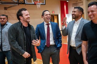 Rusty Rae/News-Register##David Manriquez, Frankie Lopez, Del Rayo and Kevin Donato share in a few hardy laughs while standing under their championship banner from &lsquo;06. The four were joined by more than a dozen former players and agreed on one key point; it took a village to ensure the team&rsquo;s success.